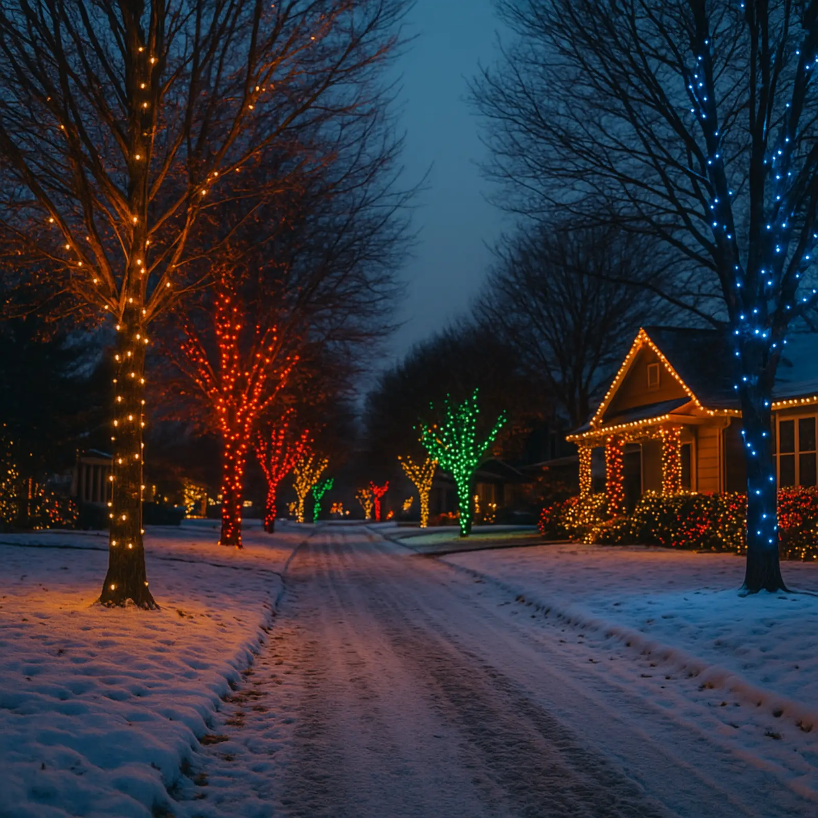 Colourful trees wrapped with holiday lights on a snowy street